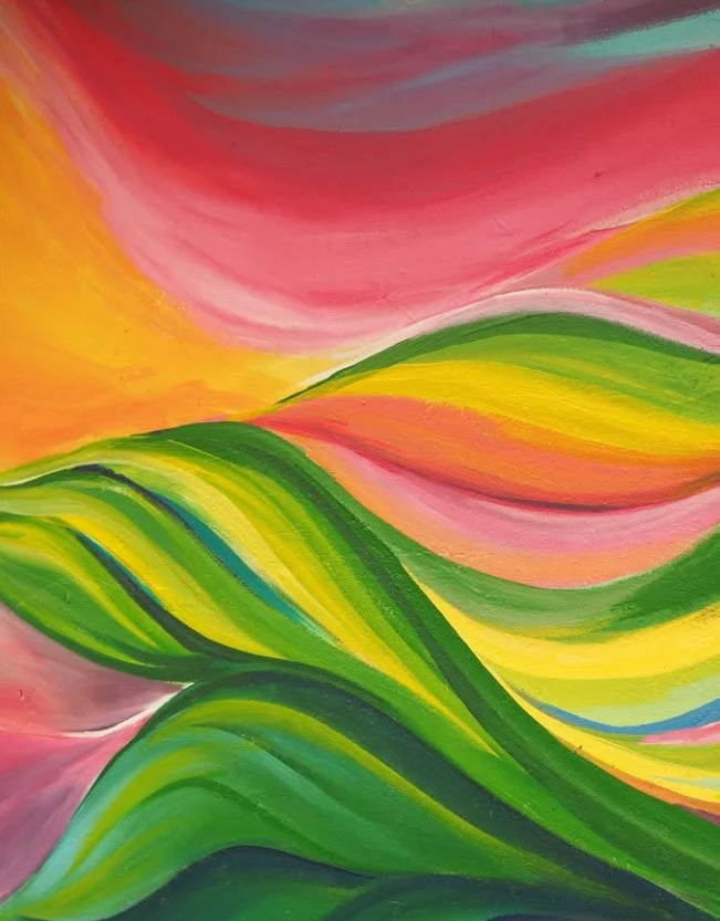 Mural with green, yellow and pink flowing forms